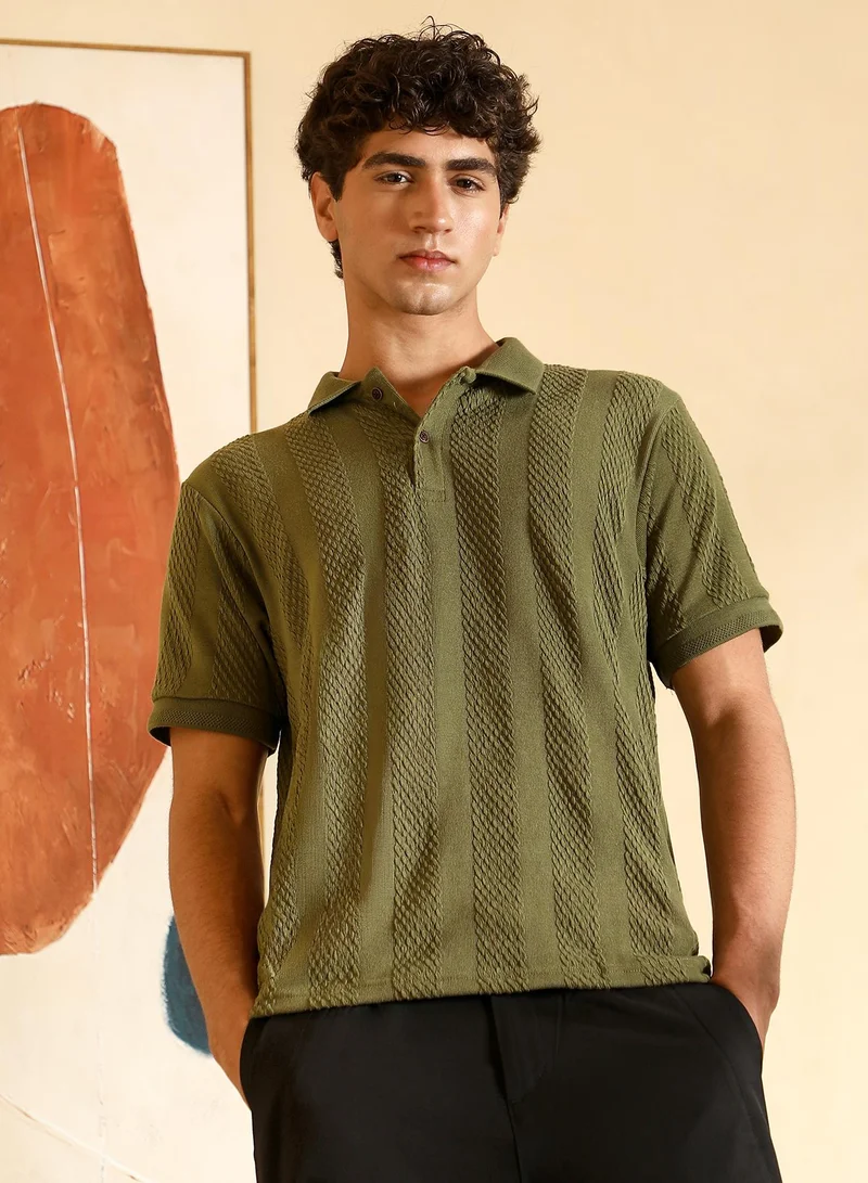 Campus Sutra Men's Seaweed Green Bi-Panel Polo T-Shirt